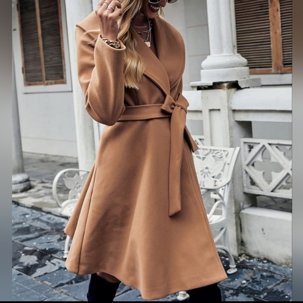 New Chic Flared Hem Button Shawl Collar Tie Trench Jacket Coat Camel - Picture 4 of 6